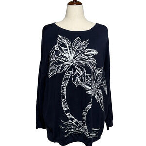 Chicos Sweater Womens XL 3 Blue White Embroidered Palm Trees Beachy Coastal
